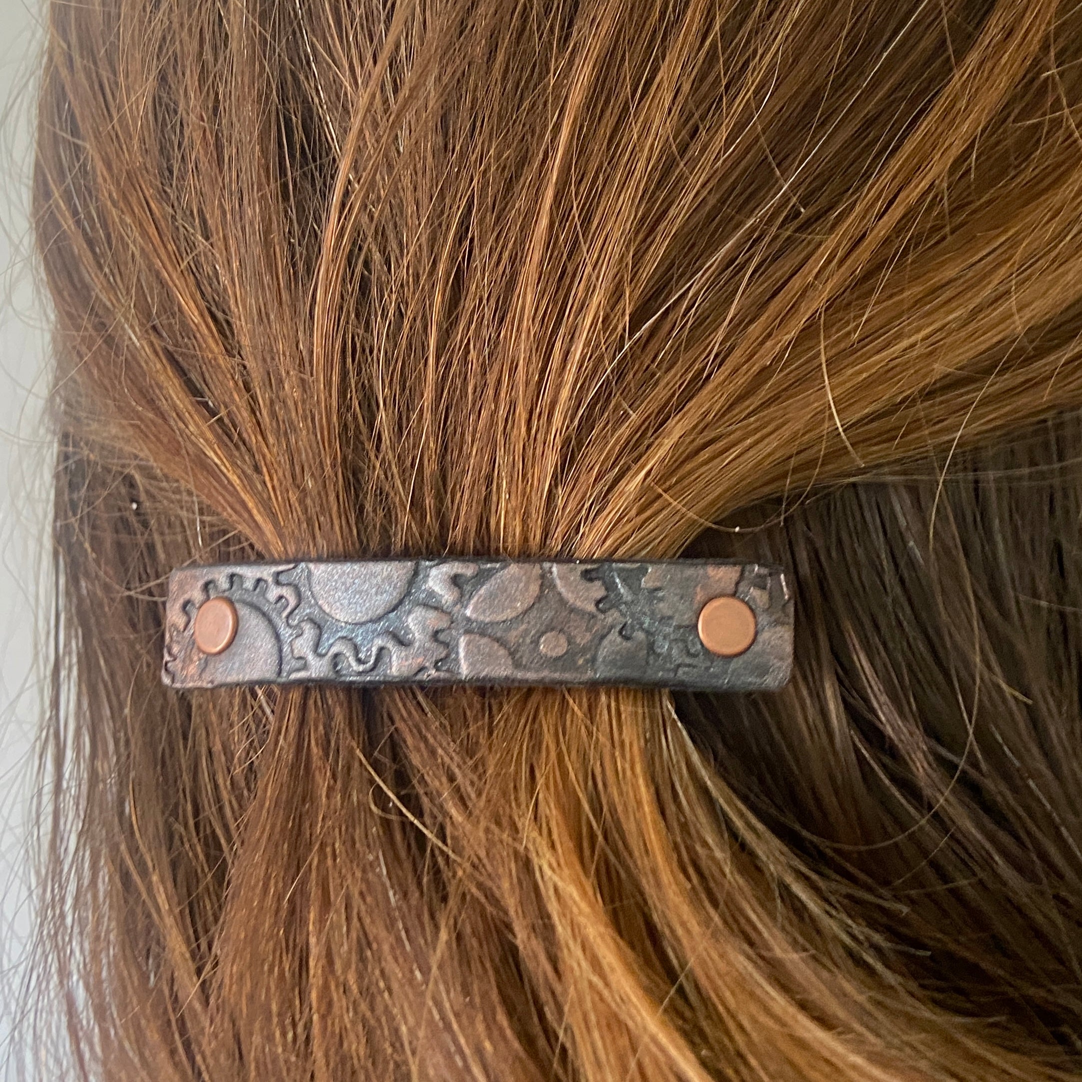 Copper Silver Gears Steampunk Stamped Leather Hair Barrette - Rosetta Creative Boutique